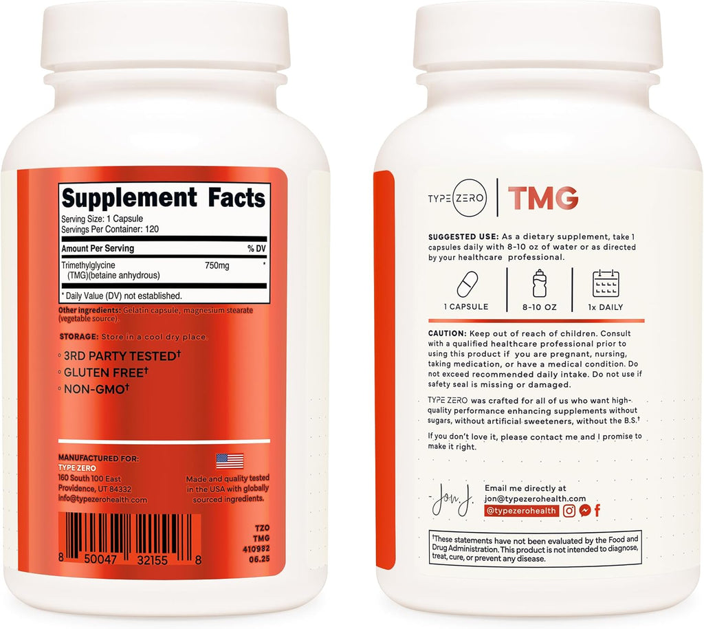 Type Zero Clean TMG Trimethylglycine Cápsulas (120 dosis) - No transgénicos, Sin gluten