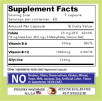 Complejo B L-Metilfolato con Cofactores y Aminoácidos Esenciales (15 mg) - Folato Activo, B12 Metilcobalamina, B6 y Glicina - 60 Cápsulas