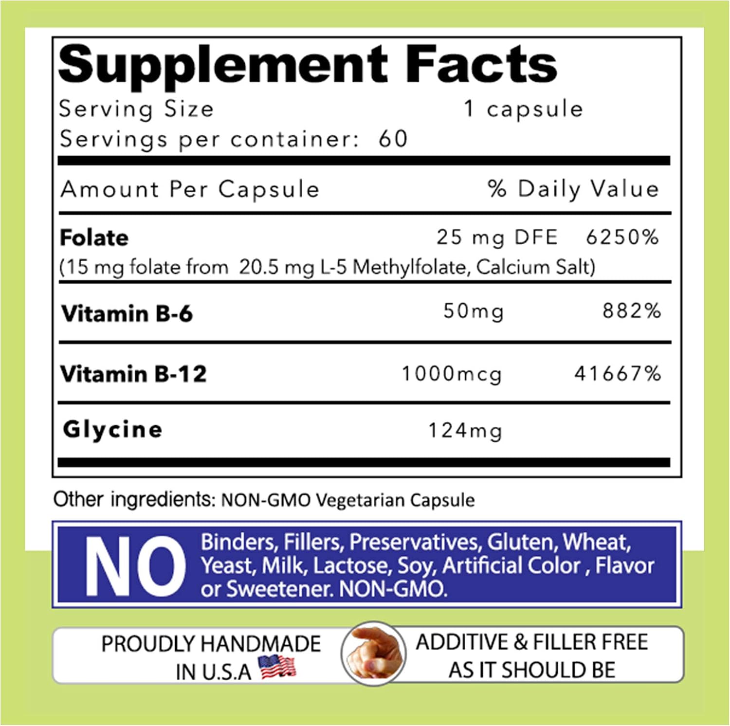 Complejo B L-Metilfolato con Cofactores y Aminoácidos Esenciales (15 mg) - Folato Activo, B12 Metilcobalamina, B6 y Glicina - 60 Cápsulas