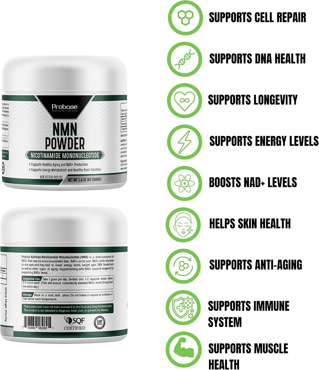 Probase Nutrition Longevity Pure NMN Powder 40 Gramos - Polvo de Nicotinamida Mononucleótido