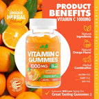 Vitamin C Gummies 1000mg – Multivitamínico masticable para adultos y niños con Zinc – Sabor naranja natural – Sin gluten, sin OGM, vegetariano – 60 gominolas