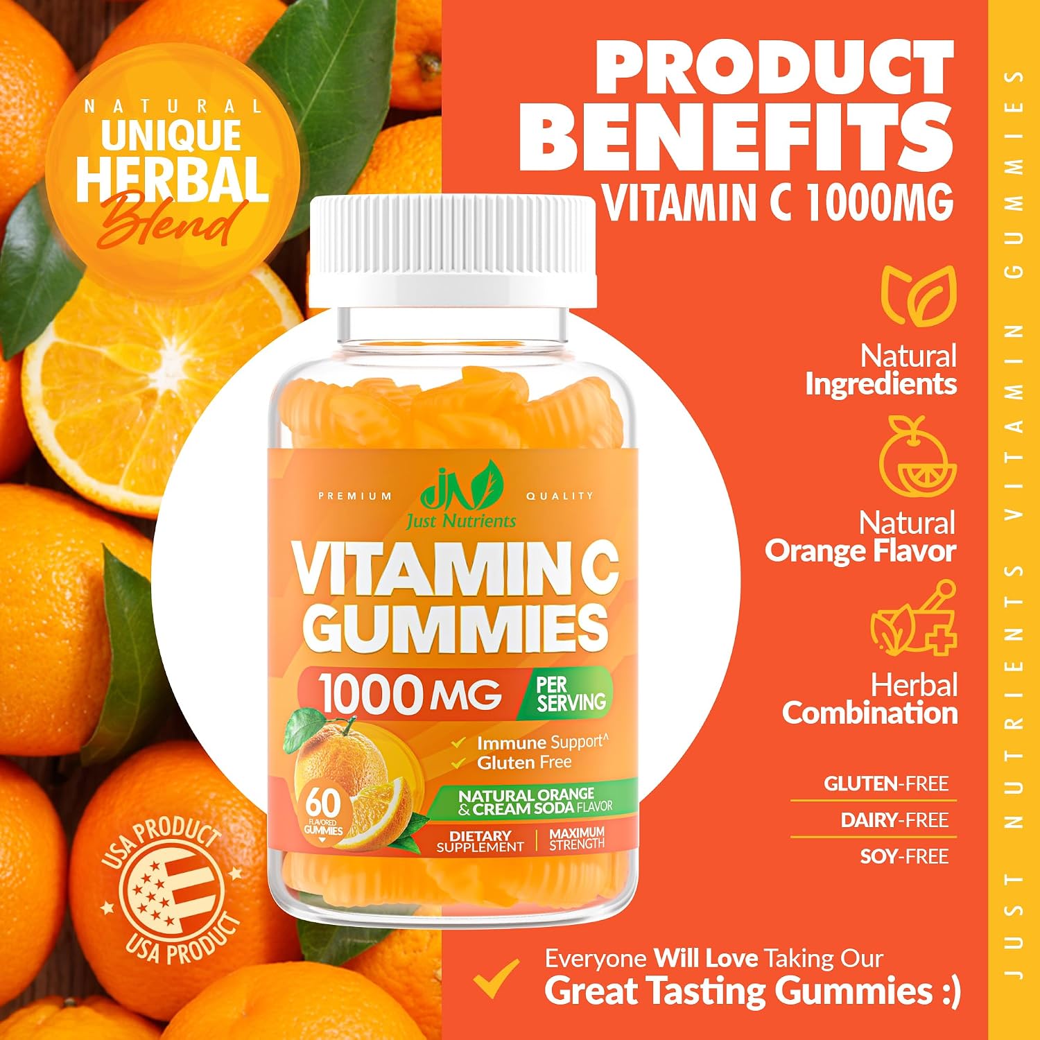 Vitamin C Gummies 1000mg – Multivitamínico masticable para adultos y niños con Zinc – Sabor naranja natural – Sin gluten, sin OGM, vegetariano – 60 gominolas