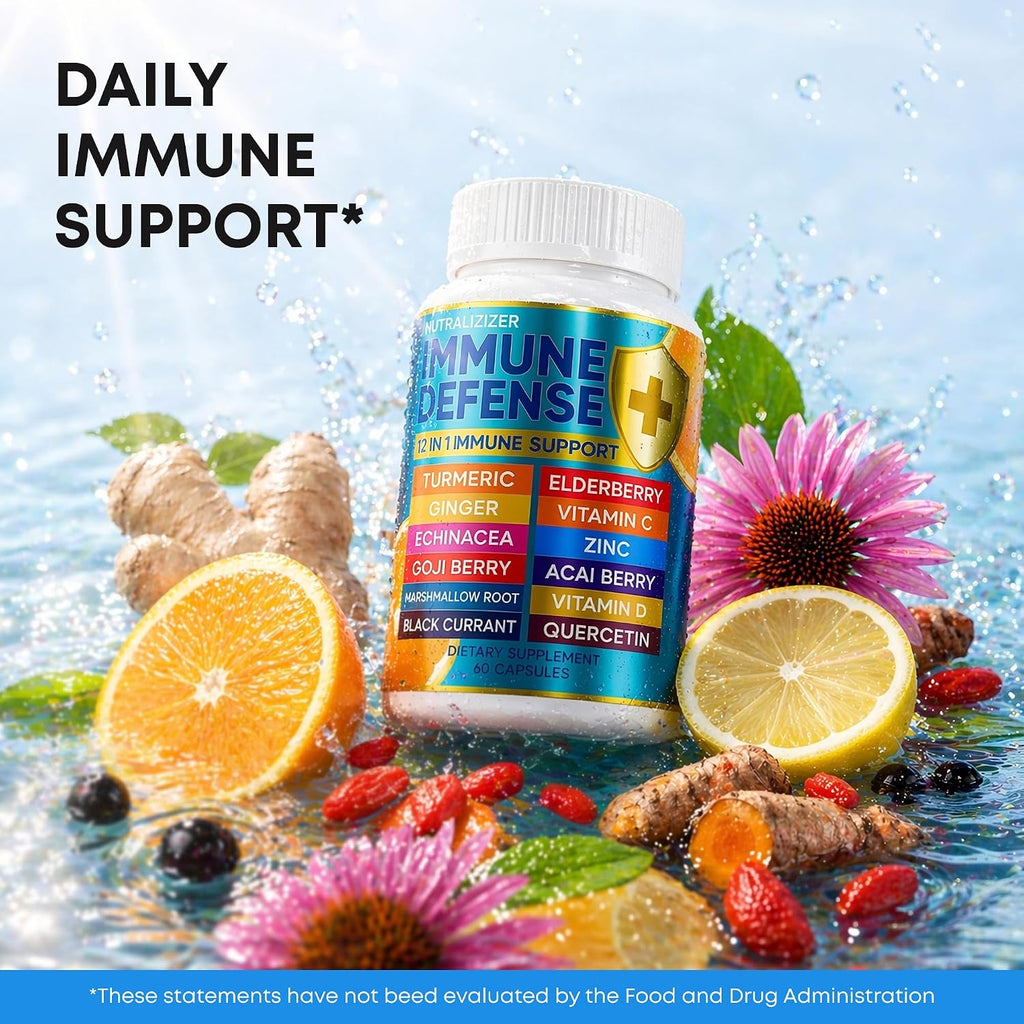 12 en 1 Immune Support Supplement - Immune Defense Vitamins w/Elderberry, Vitamin D3, C, Zinc, Echinacea, Ginger - Natural Immunity System Booster - Immune & Muscle Health 120 Caps