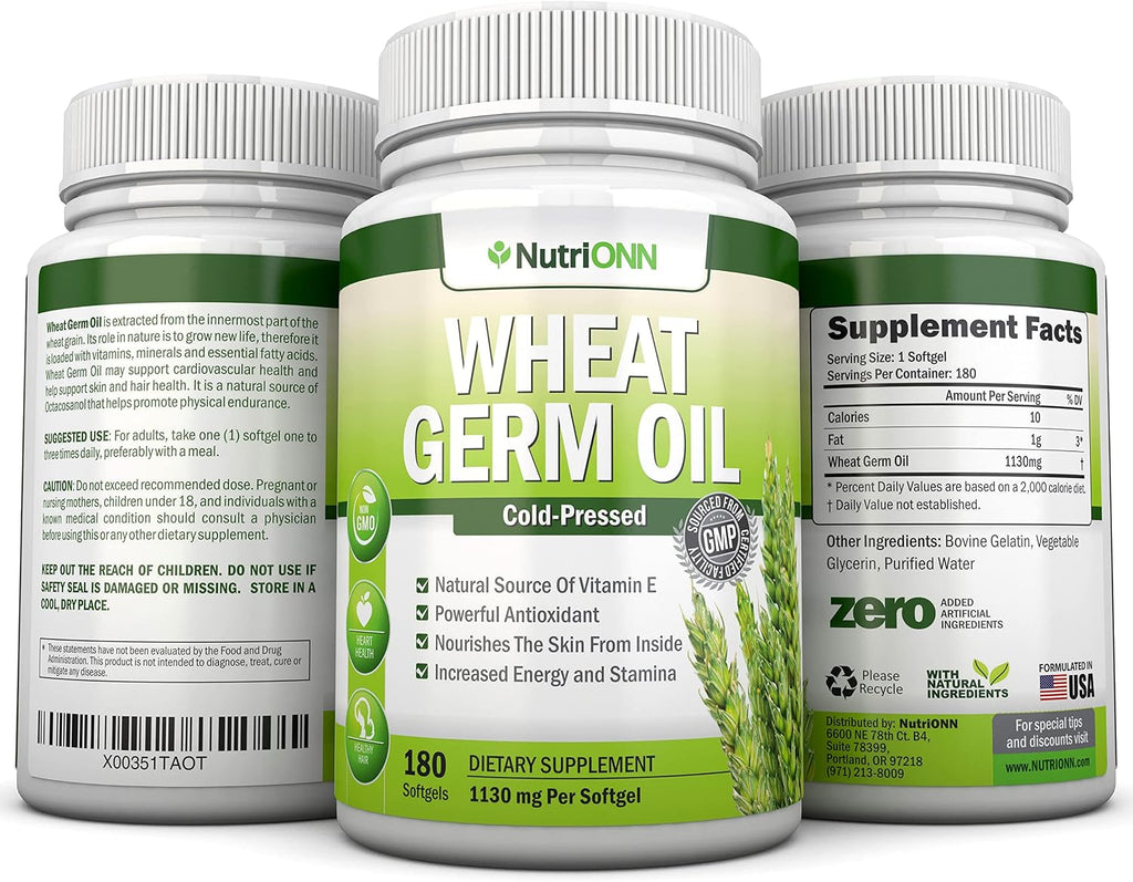 Aceite de Germen de Trigo – 1130mg – 180 Cápsulas Blandas – Prensado en Frío – Fuente Natural de Vitamina E