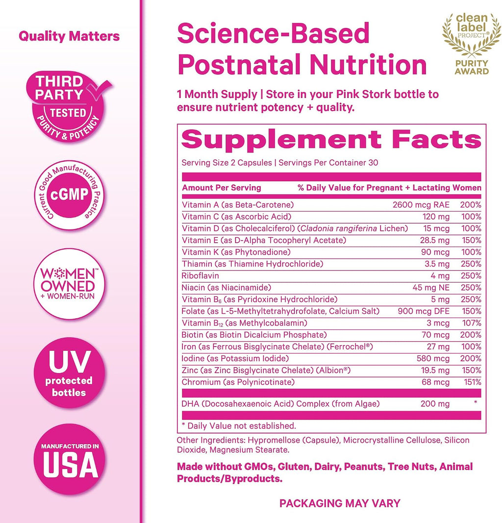 Pink Stork Total Postnatal - Vitaminas posnatales con DHA de algas, folato metilado y hierro - 60 cápsulas