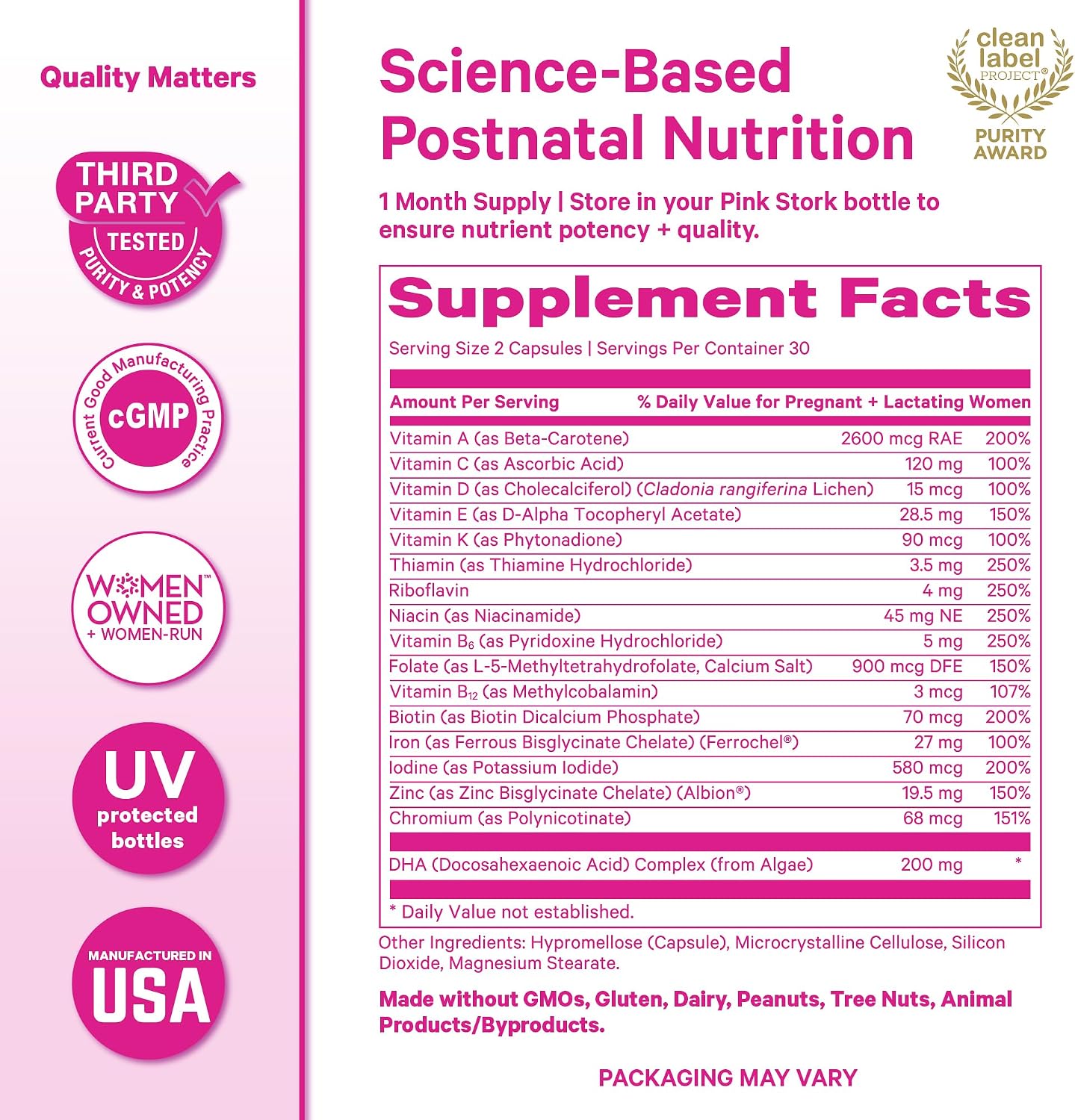 Pink Stork Total Postnatal - Vitaminas posnatales con DHA de algas, folato metilado y hierro - 60 cápsulas