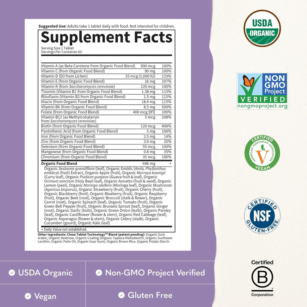 Garden of Life Organics Multivitamínico para Mujeres - Multivitamínico diario con alimentos integrales, hierro, biotina, vegano, orgánico, 60 comprimidos