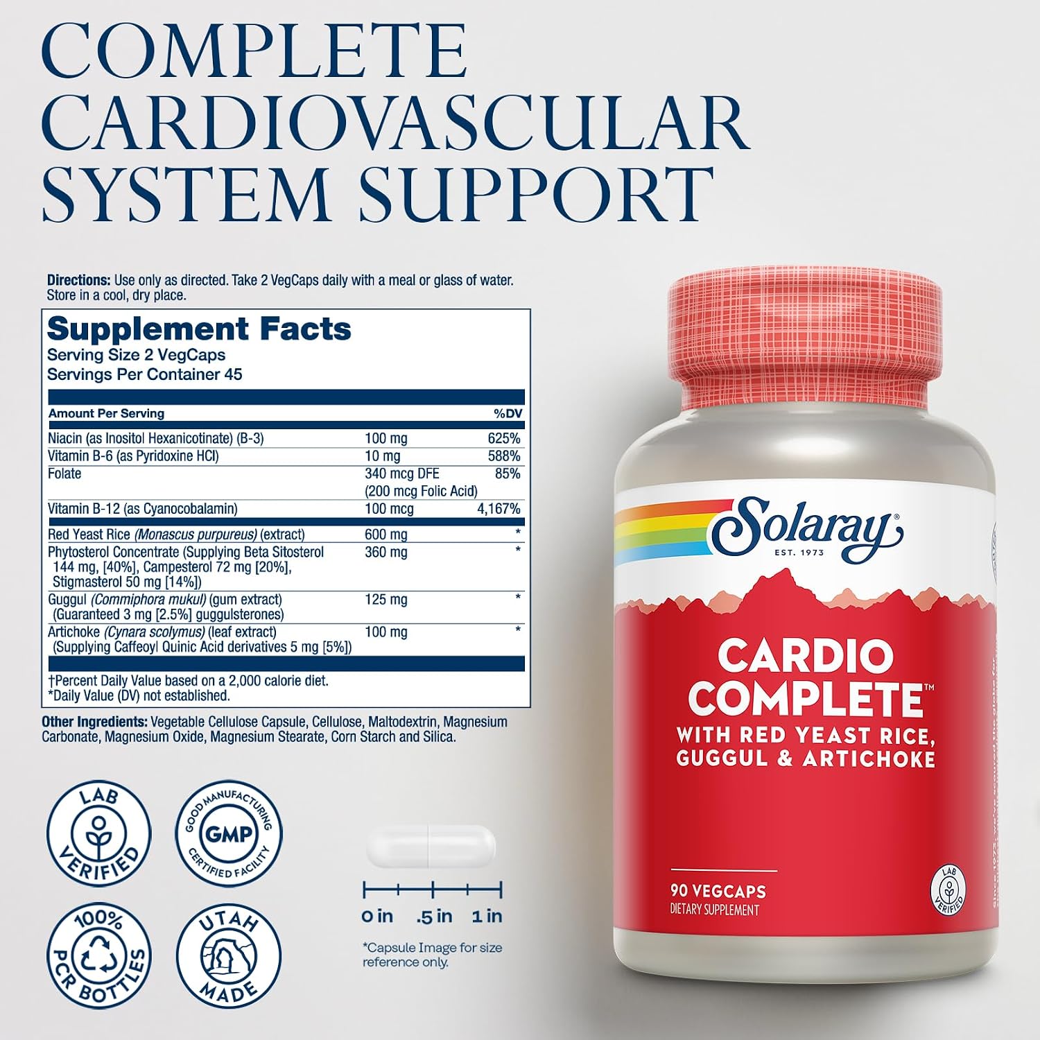 SOLARAY Cardio Complete - Complejo para el Corazón con Arroz Rojo, Guggul y Alcachofa, más Vitaminas B - 90 Cápsulas Veganas
