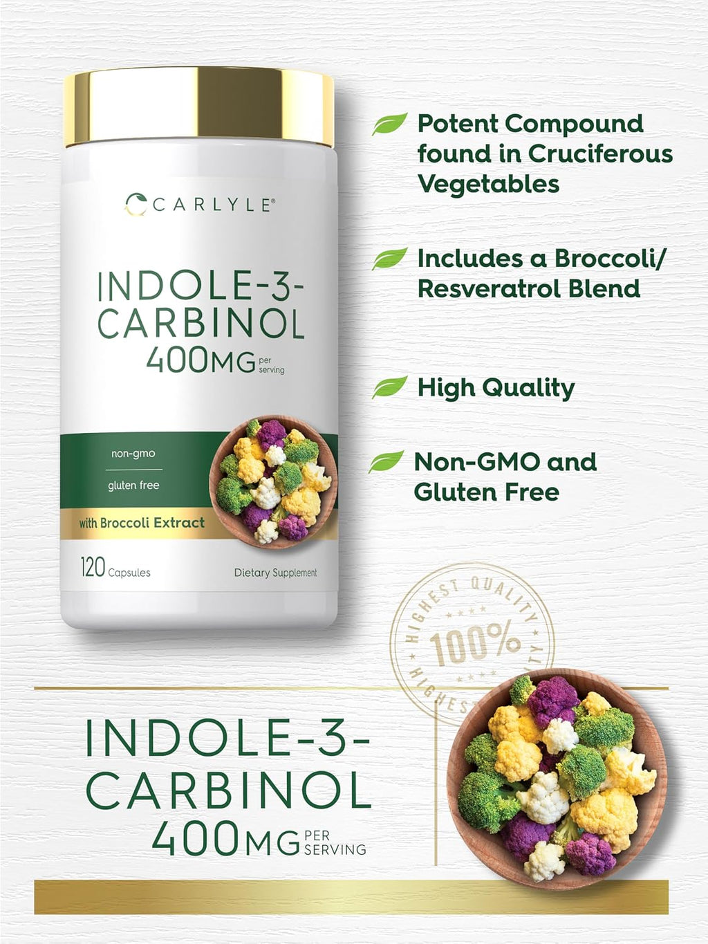 Carlyle Indole-3-Carbinol 400 mg | 120 Cápsulas | Suplemento con I3C, Brócoli y Resveratrol