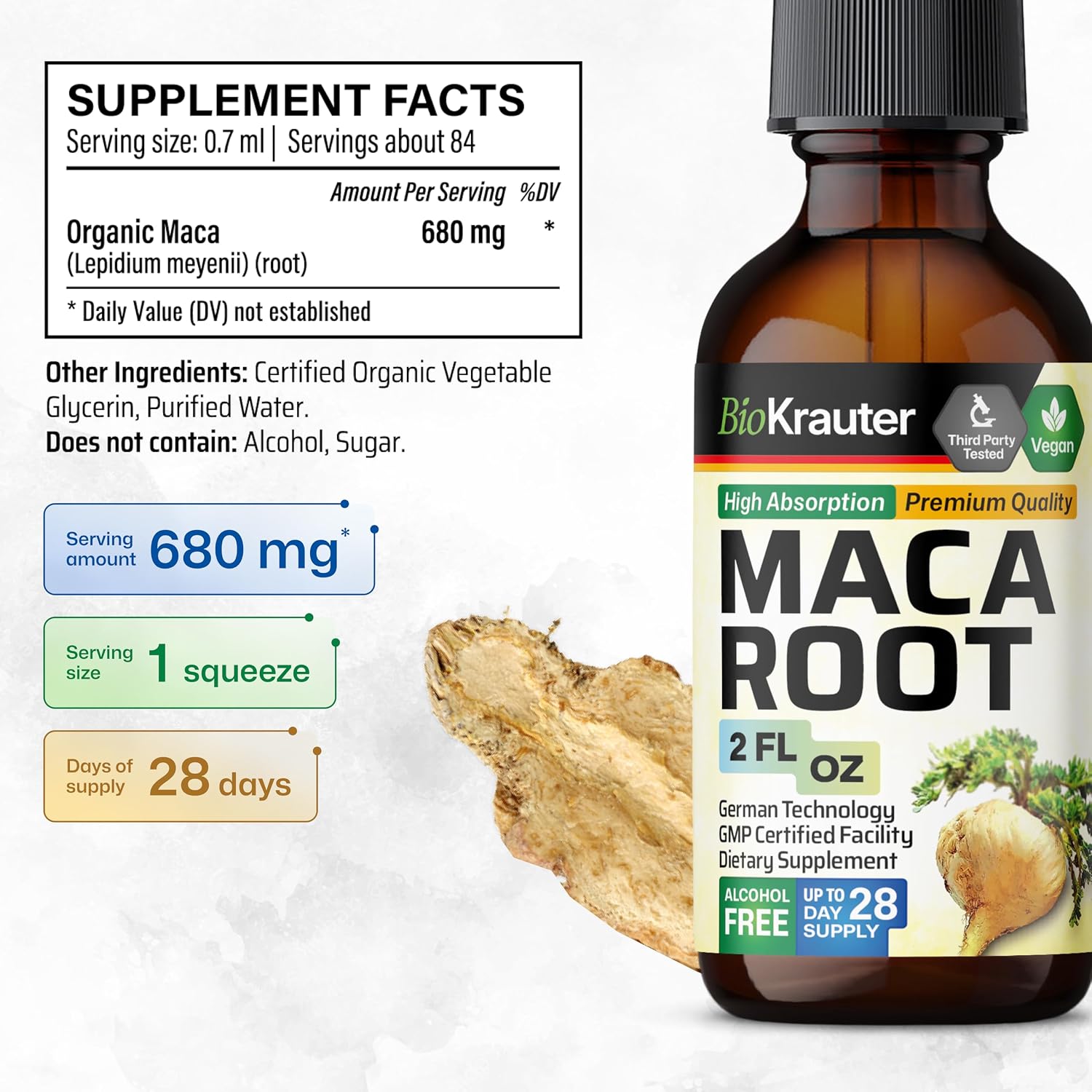 BIO KRAUTER® Maca Root for Women and Men - Vegan Maca Root Liquid Drops 680 mg for Drive & Active Lifestyle Support - 2 Fl.Oz., 28-Day Supply, Non-GMO, Alcohol & Sugar Free Herbal Supplements