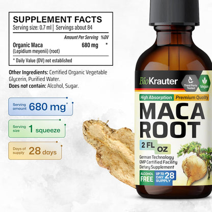 BIO KRAUTER® Maca Root for Women and Men - Vegan Maca Root Liquid Drops 680 mg for Drive & Active Lifestyle Support - 2 Fl.Oz., 28-Day Supply, Non-GMO, Alcohol & Sugar Free Herbal Supplements