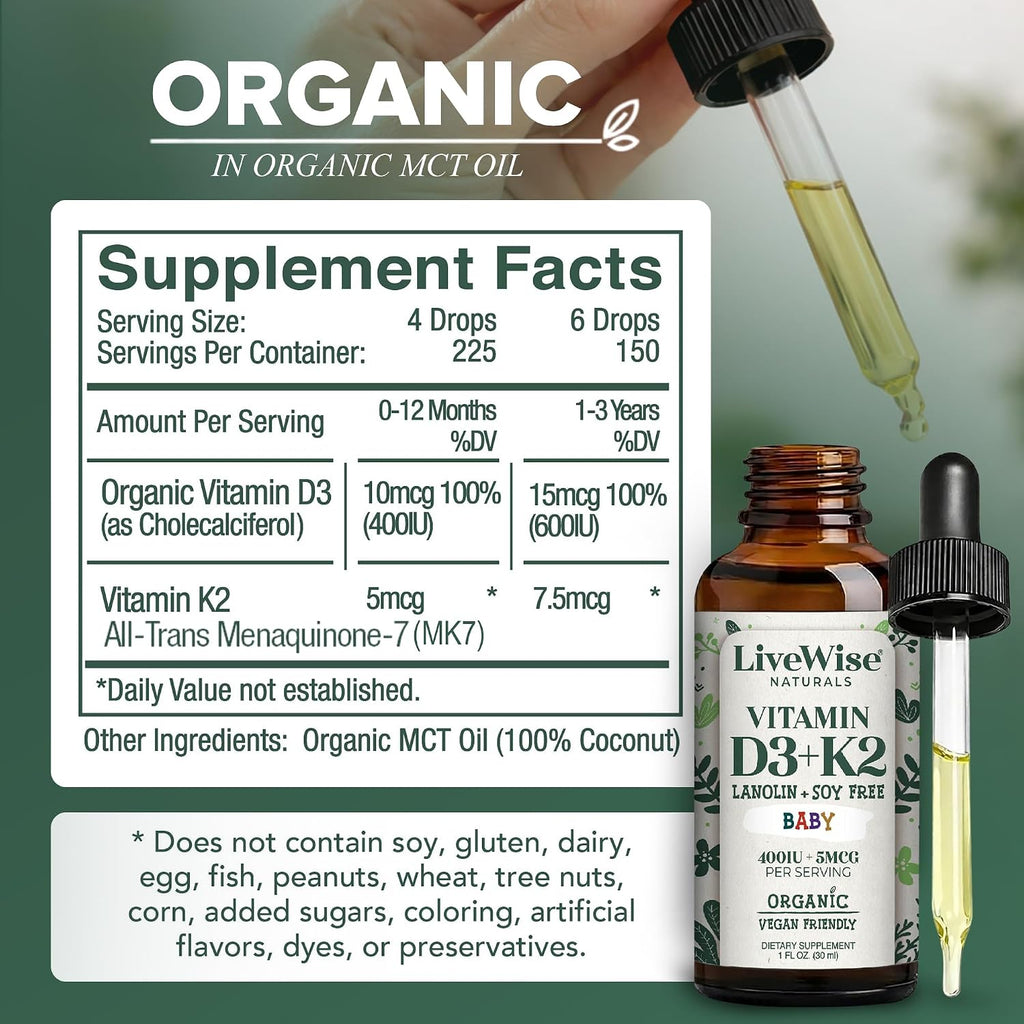 Live Wise Naturals Gotas Orgánicas de Vitamina D3 y K2 para Bebés (MK-7) - 225 Servicios