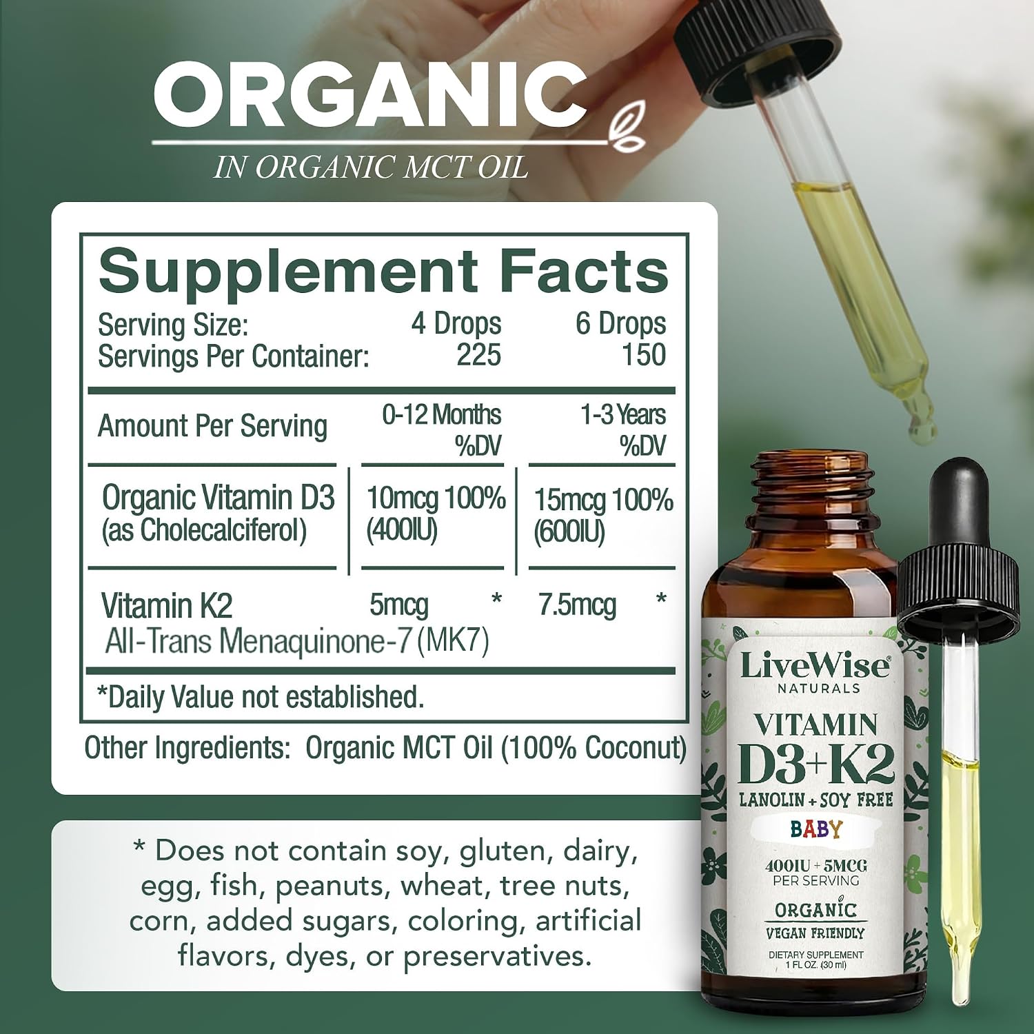 Live Wise Naturals Gotas Orgánicas de Vitamina D3 y K2 para Bebés (MK-7) - 225 Servicios