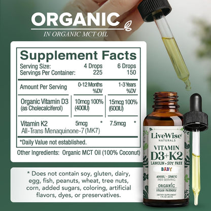 Live Wise Naturals Gotas Orgánicas de Vitamina D3 y K2 para Bebés (MK-7) - 225 Servicios – Image 3