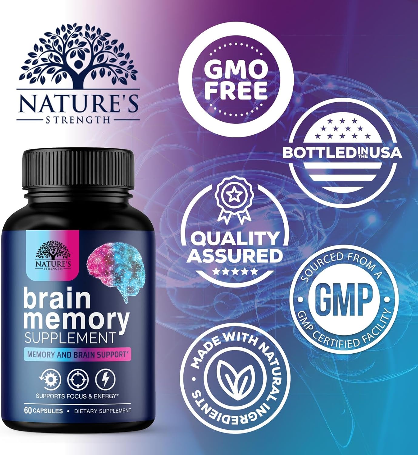 Brain Memory Supplement Pills - 3X Strength Nootropics for Concentration, Clarity & Focus Support - Brain Health Cognitive Vitamins with Bacopa, Phosphatidylserine & DMAE, Brain Booster - 60 Capsules