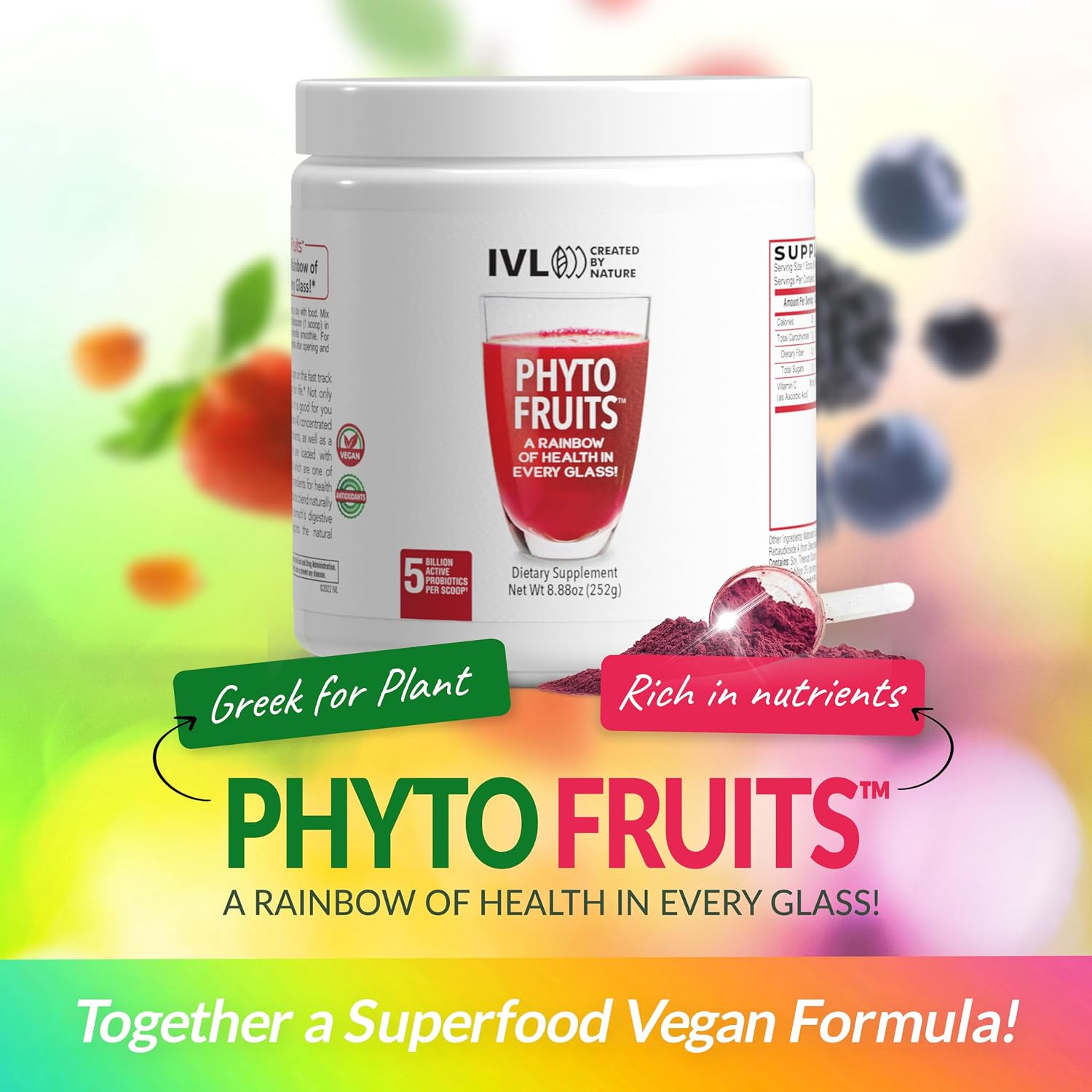 IVL Phyto Fruits Superfood Powder - 40 Frutas y Nutrientes + 6 Probióticos (252g, 30 raciones)