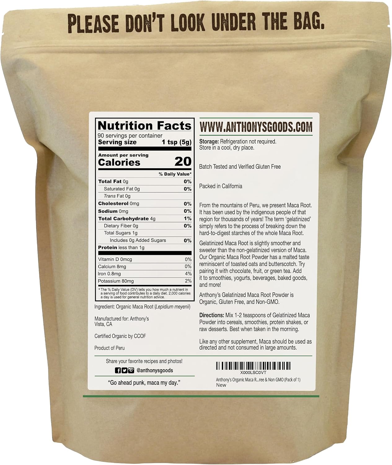 Polvo de Maca Orgánica Gelatinizada de Anthony's, 454 g