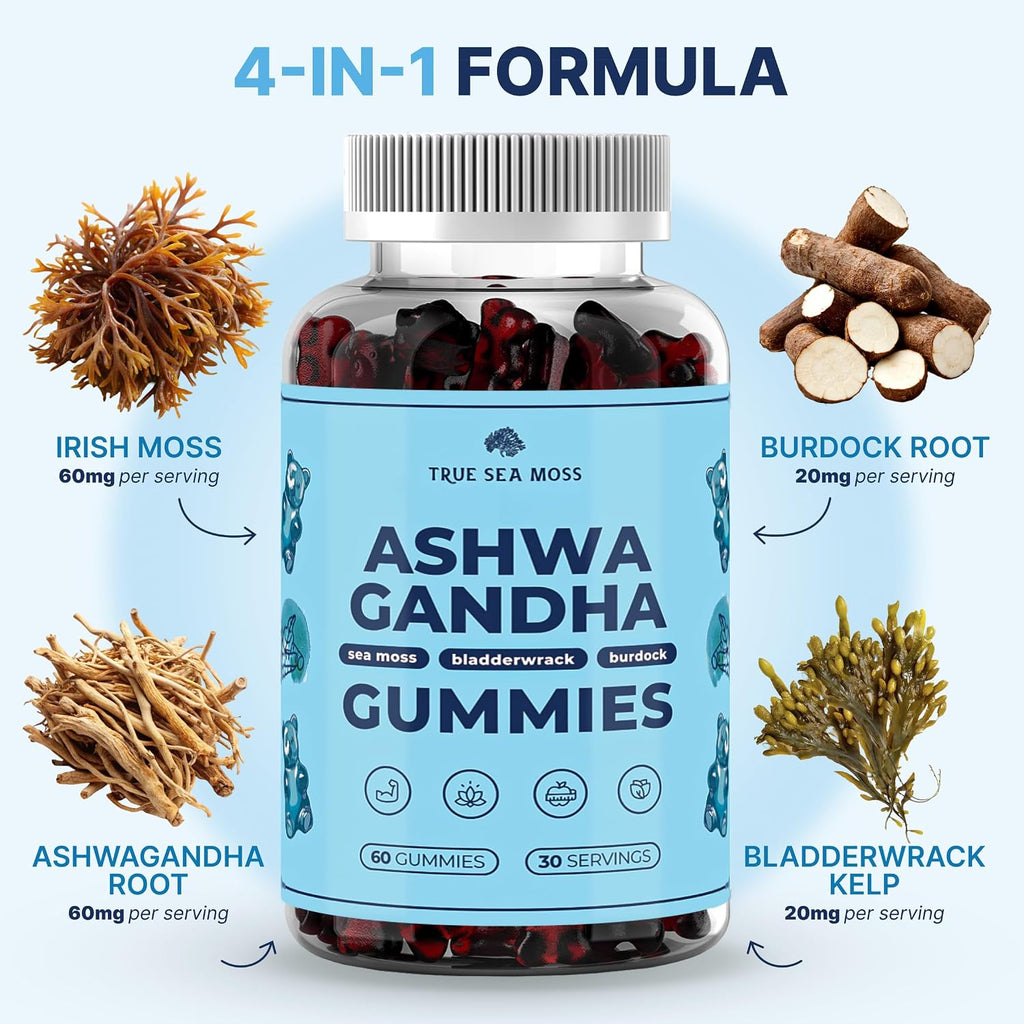 TrueSeaMoss Sea Moss Gummies con Ashwagandha, Bardana y Bladderwrack – 60 Gominolas