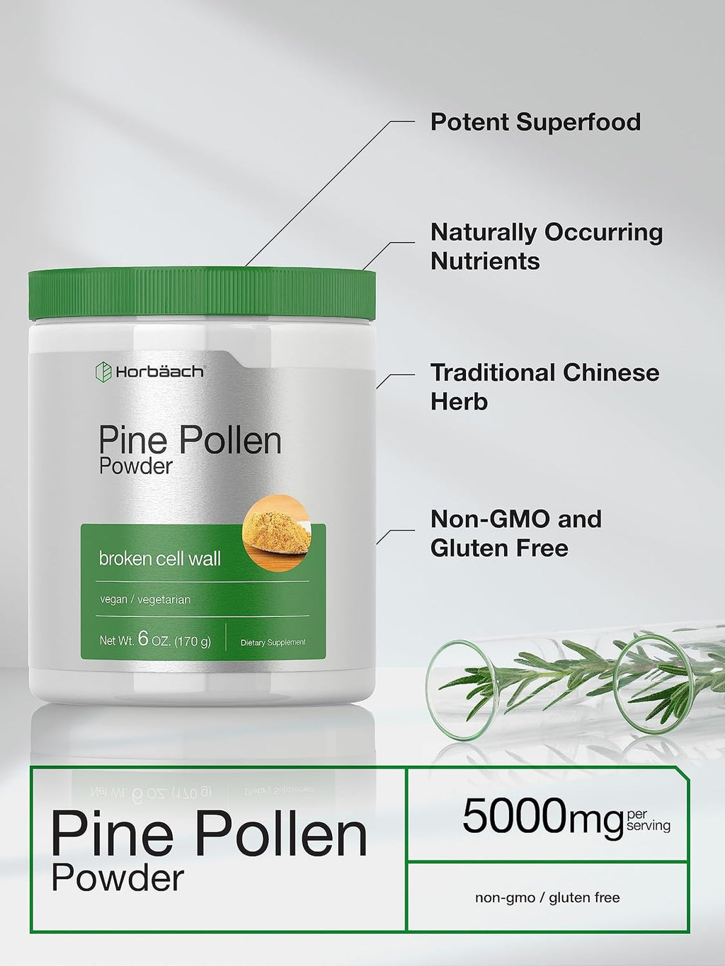 Horbäach Polen de Pino en Polvo 5000 mg | 170 g | Pared Celular Rota | Vegano, No OGM y Sin Gluten