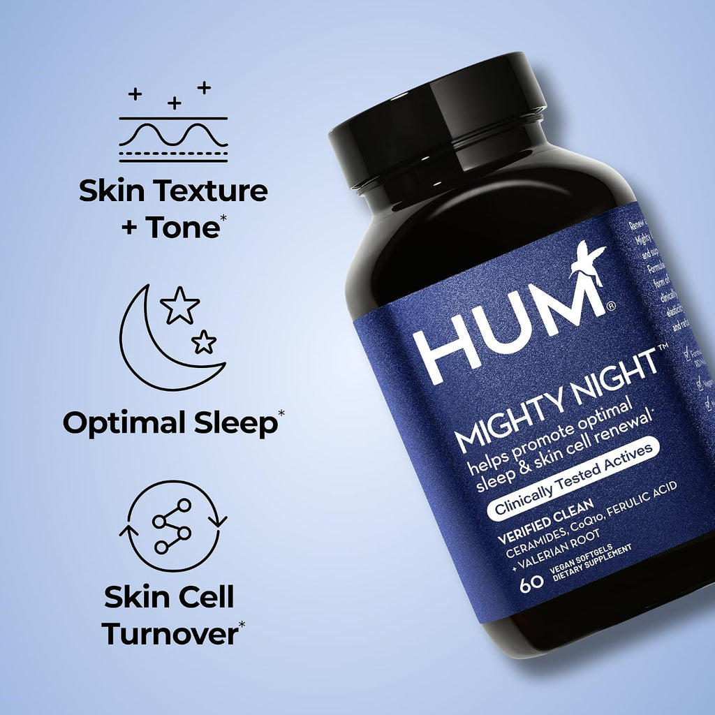 HUM Mighty Night - Suplemento Nocturno para el Sueño y el Cuidado de la Piel, 60 Cápsulas Veganas