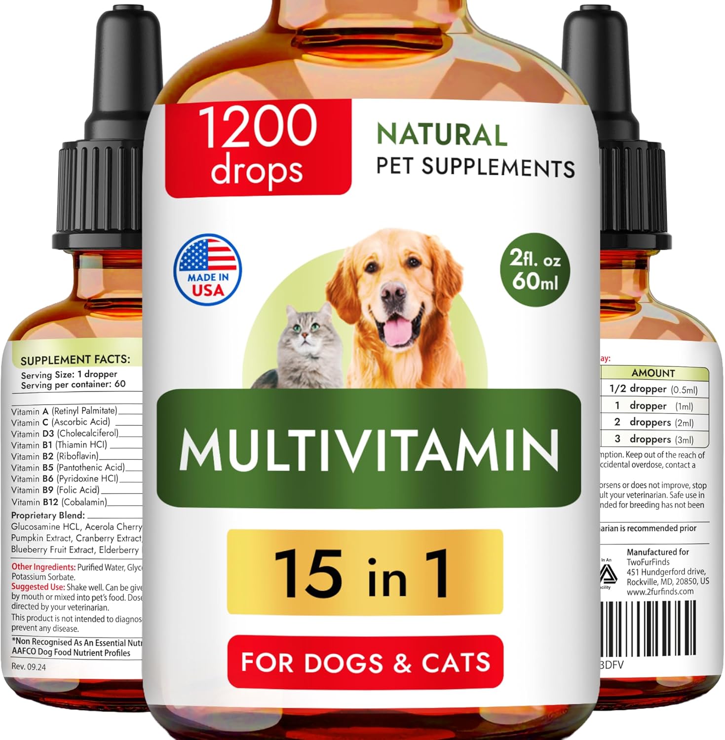 TwoFurFinds Multivitamínico Líquido 15-en-1 para Perros y Gatos - 59 ml