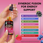 Complejo de Vitamina B Orgánico USDA - B5 Ácido Pantoténico, B12 Metilcobalamina, B1 Tiamina, B6 Piridoxina, B7 Biotina, B9 Fólico, B3 Niacinamida - Gotas Líquidas con Sabor a Baya Natural, 59 ml