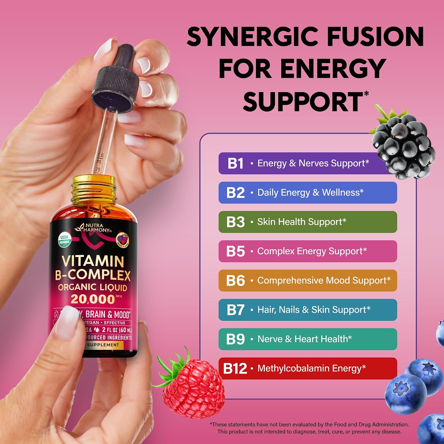 Complejo de Vitamina B Orgánico USDA - B5 Ácido Pantoténico, B12 Metilcobalamina, B1 Tiamina, B6 Piridoxina, B7 Biotina, B9 Fólico, B3 Niacinamida - Gotas Líquidas con Sabor a Baya Natural, 59 ml