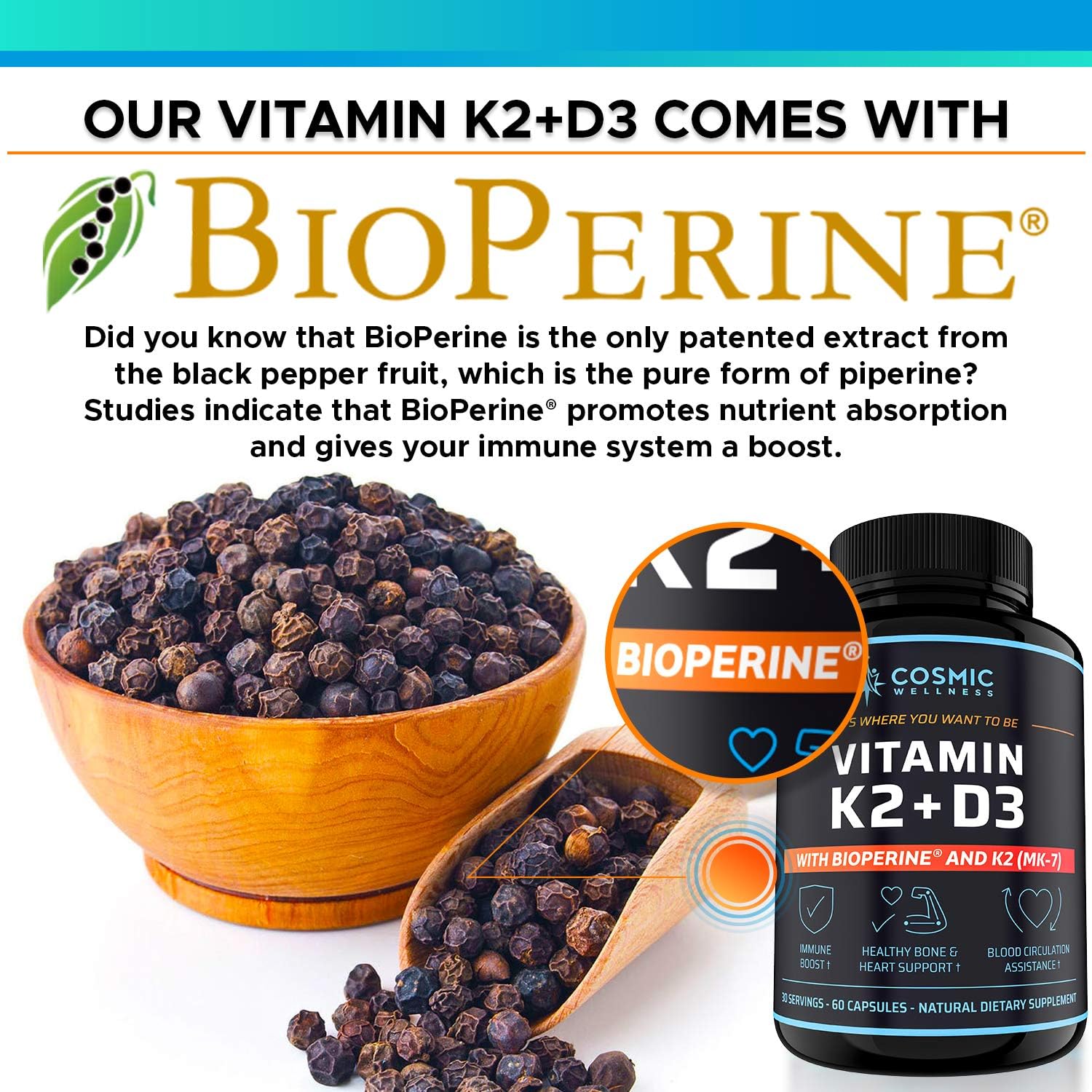 COSMIC WELLNESS Vitamina D3+K2 5000 UI con Bioperina