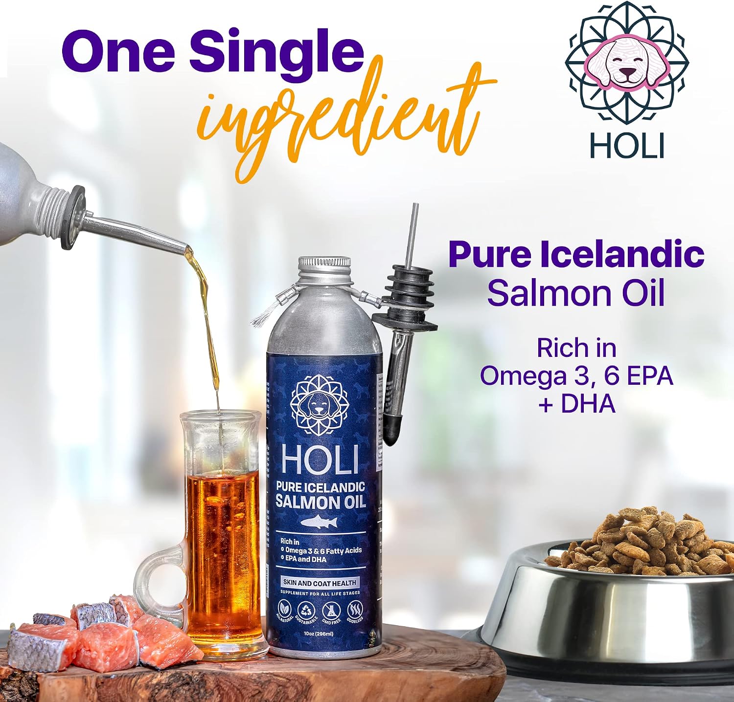 HOLI Aceite de Salmón para Perros y Gatos | Suplemento Líquido de Omega 3 EPA + DHA | Apoya la Piel, el Pelaje, las Articulaciones y la Salud Cardíaca