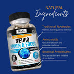 Kaya Naturals Neuro Brain - Cápsulas de apoyo cerebral para memoria y concentración - 60 unidades