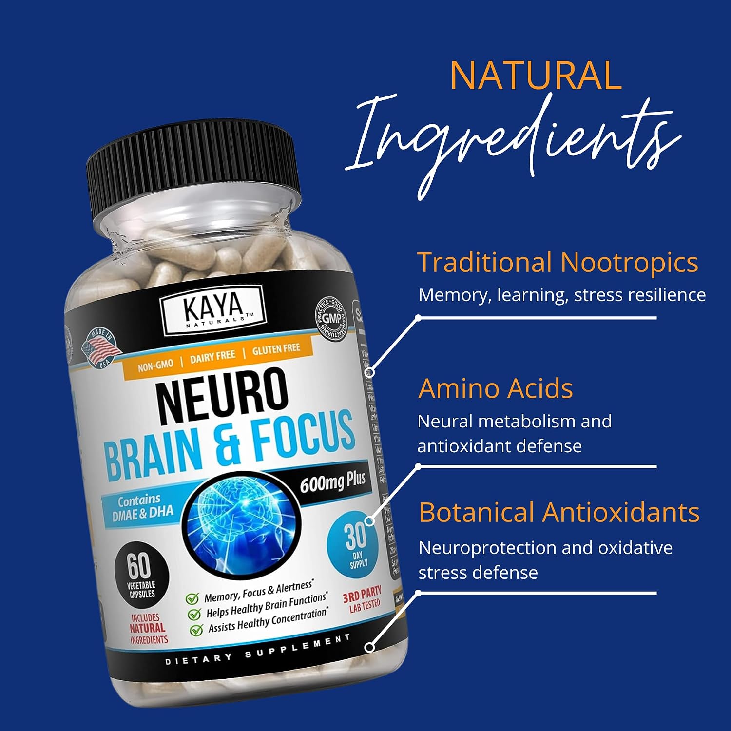 Kaya Naturals Neuro Brain - Cápsulas de apoyo cerebral para memoria y concentración - 60 unidades