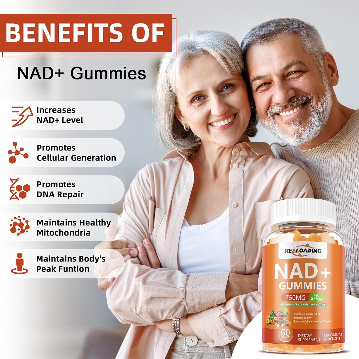 HEALOADING NAD+ Gummies con Resveratrol - 750mg de NAD+ por Dosis - 60 Gominolas