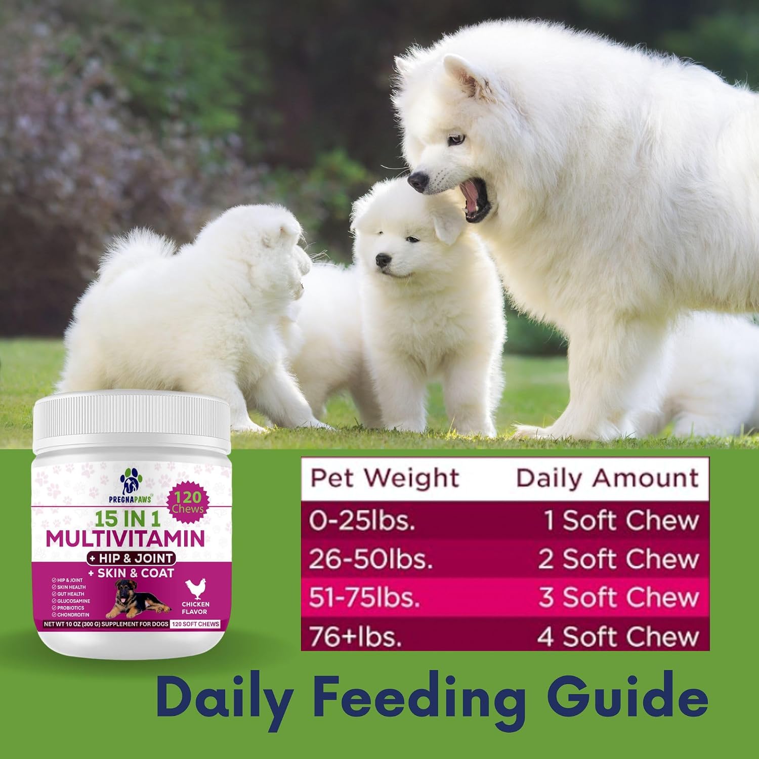15-en-1 Multivitamínico Posparto para Perros - Recuperación, Articulaciones, Piel y Pelaje - Probióticos para Perras Lactantes - 120 Comprimidos Masticables Sabor Pollo