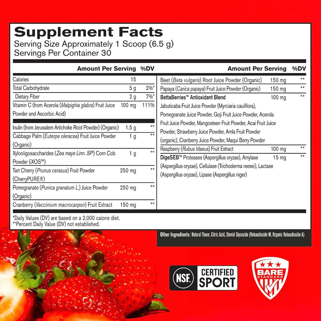 BARE PERFORMANCE NUTRITION BPN Strong Reds Superfood Powder - 30 porciones, Sabor Fresa
