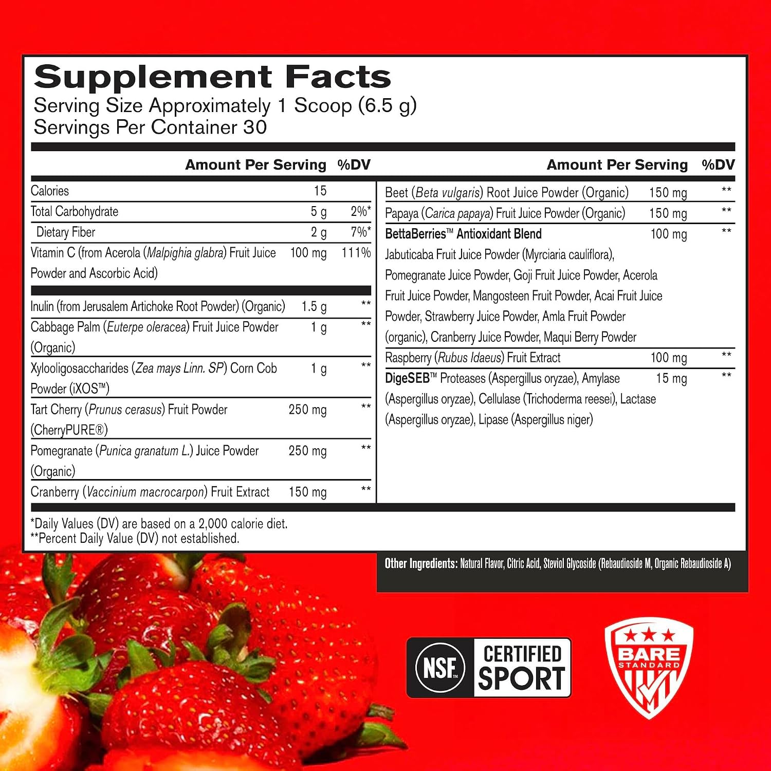BARE PERFORMANCE NUTRITION BPN Strong Reds Superfood Powder - 30 porciones, Sabor Fresa