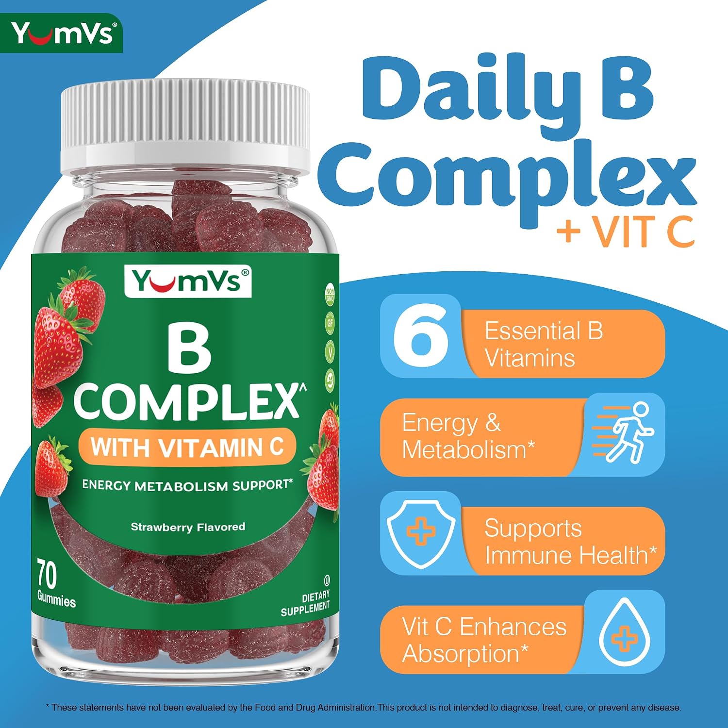 Gomitas de Complejo B con Vitamina C – Delicioso sabor, 1 al día, Apoyo Energético y Nervioso para Adultos – Vegano, Kosher, No-GMO – con B12, B6, Niacina y Ácido Fólico – 70 unidades