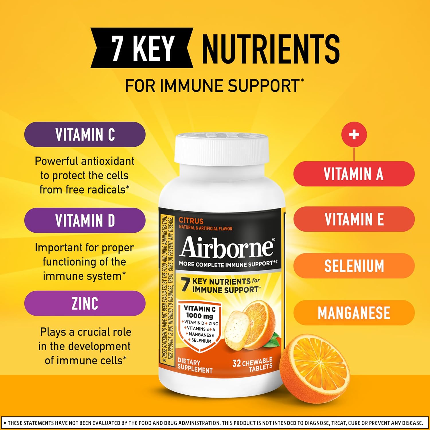 Airborne Vitamina C 1000mg (por ración) Comprimidos Masticables Sabor Cítrico - 32 Unidades