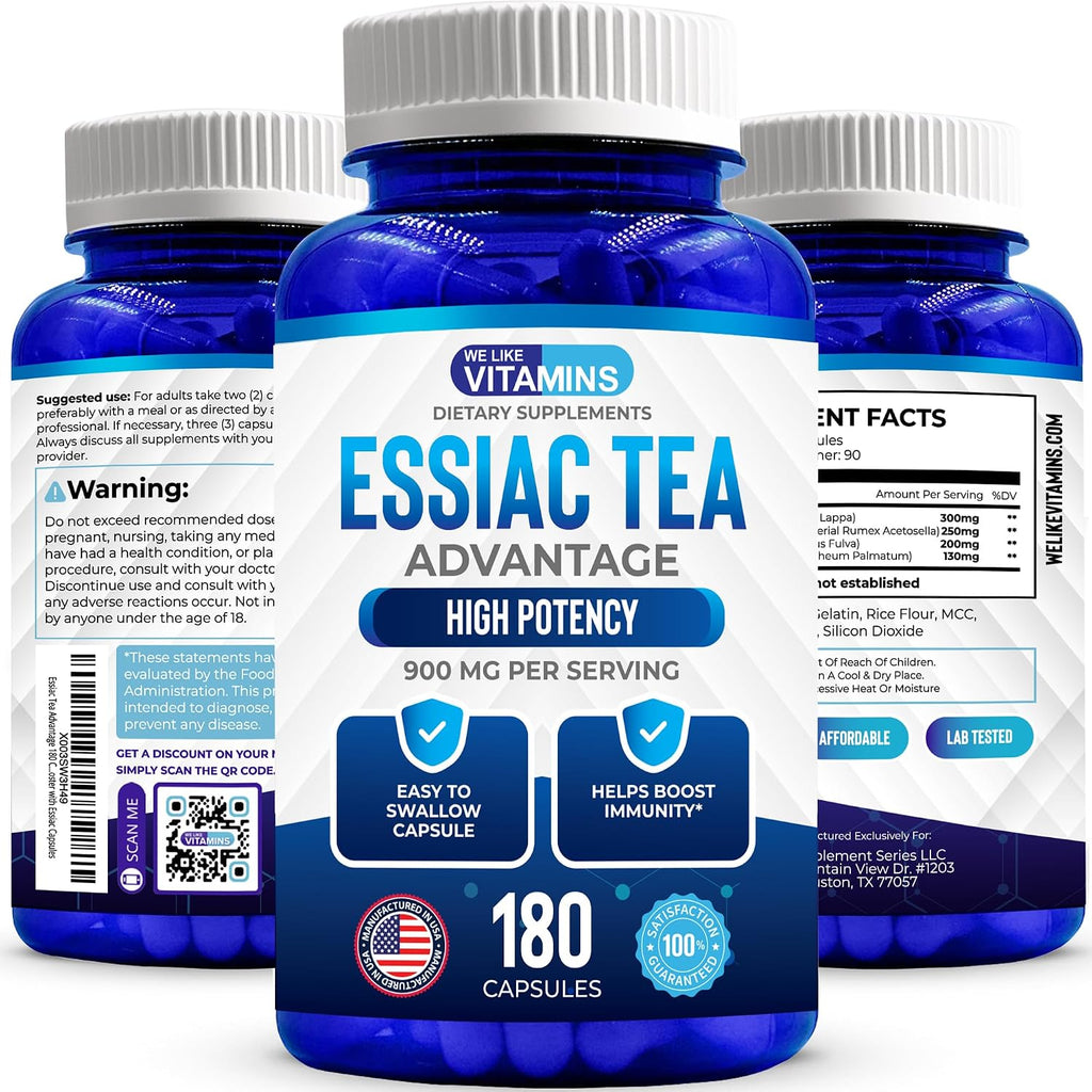 Essiac Tea Cápsulas de We Like Vitamins - 180 Cápsulas con Bardana, Acedera, Olmo Americano y Ruibarbo - 900mg por Dosis