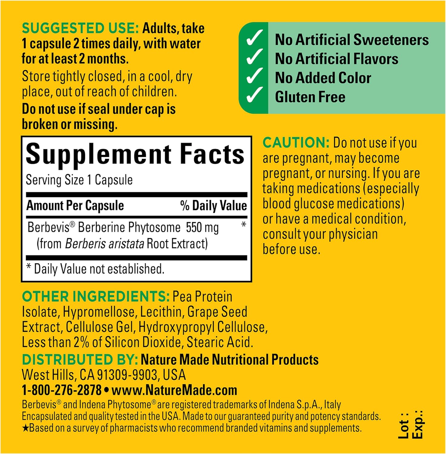 Nature Made Berberina Phytosome Absorción Mejorada, 1100 mg, 60 Cápsulas