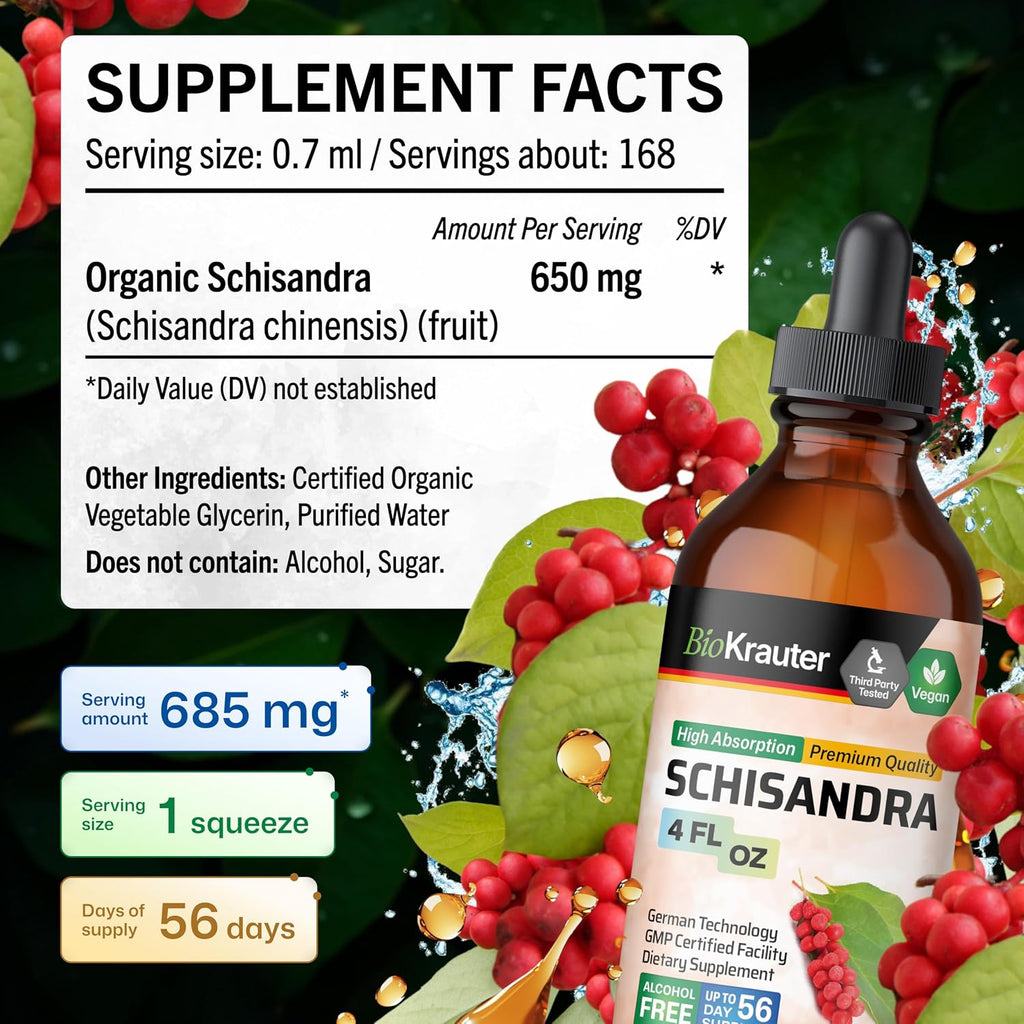 BIO KRAUTER® Schisandra para la Calma y Relajación - Complemento Vegano de Estado de Ánimo - Extracto Líquido de Baya de Schisandra 118 ml - Gotas Naturales 650 mg por Dosis, Suministro para 56 Días, Sin Alcohol ni Azúcar