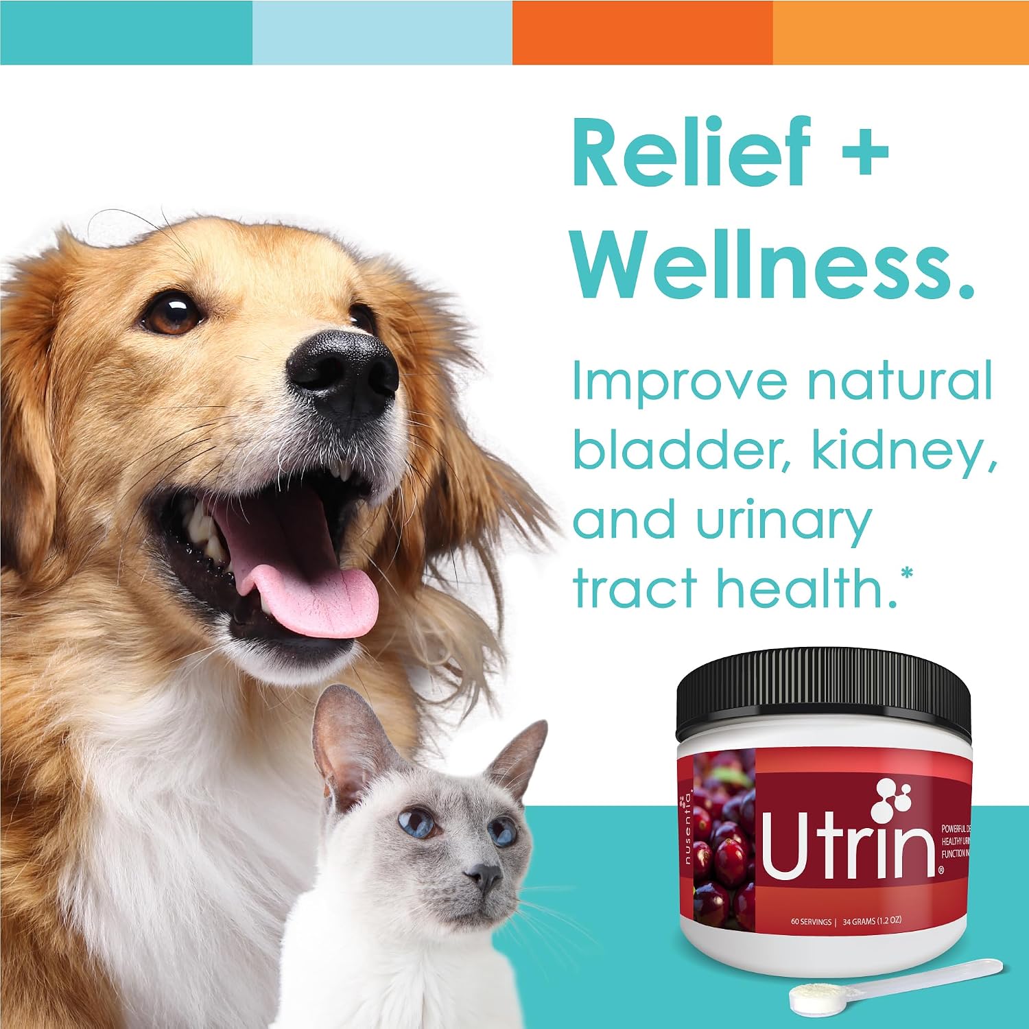 NUSENTIA UTRIN – Soporte Urinario para Perros y Gatos – Arándano y D-Mannosa – Salud de la Vejiga e Incontinencia, 60 Dosis