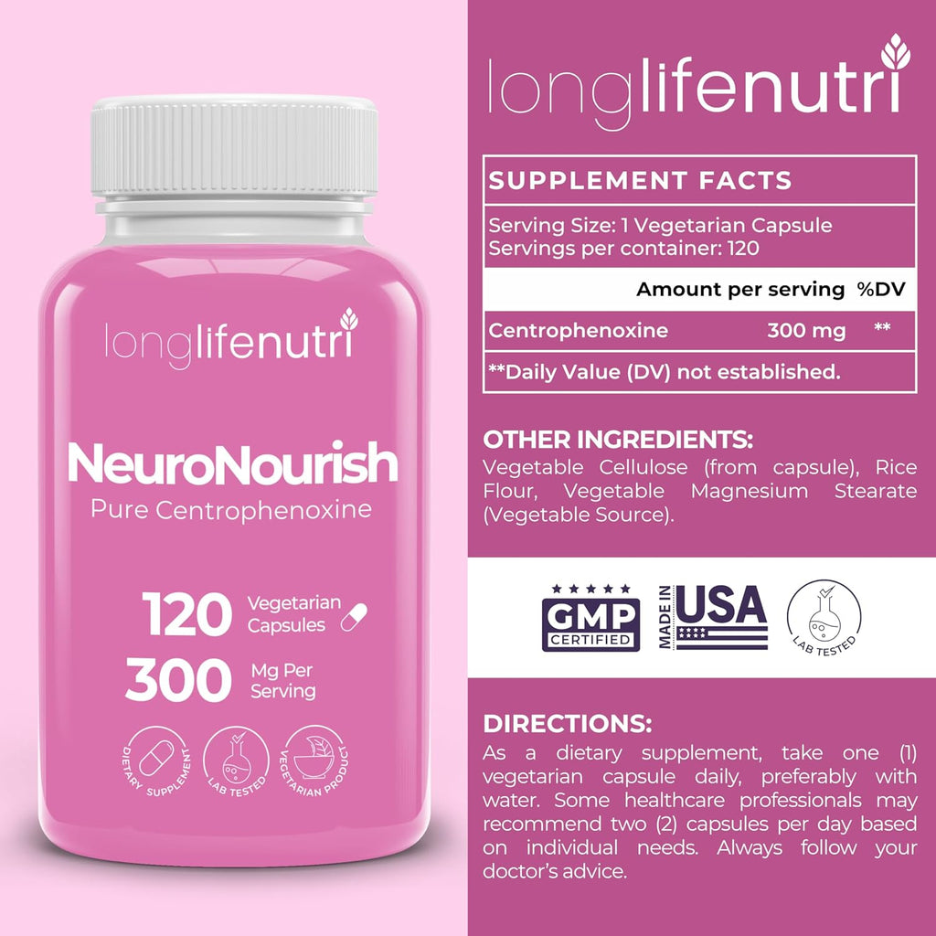NeuroNourish Centrophenoxine 300 mg - 120 Cápsulas Vegetales - LongLifeNutri