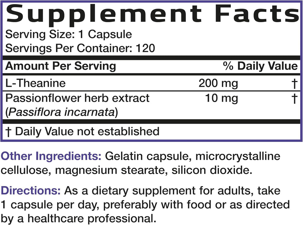 Bronson L-Teanina 200mg (Doble Concentración) con Passiflora - 120 Cápsulas