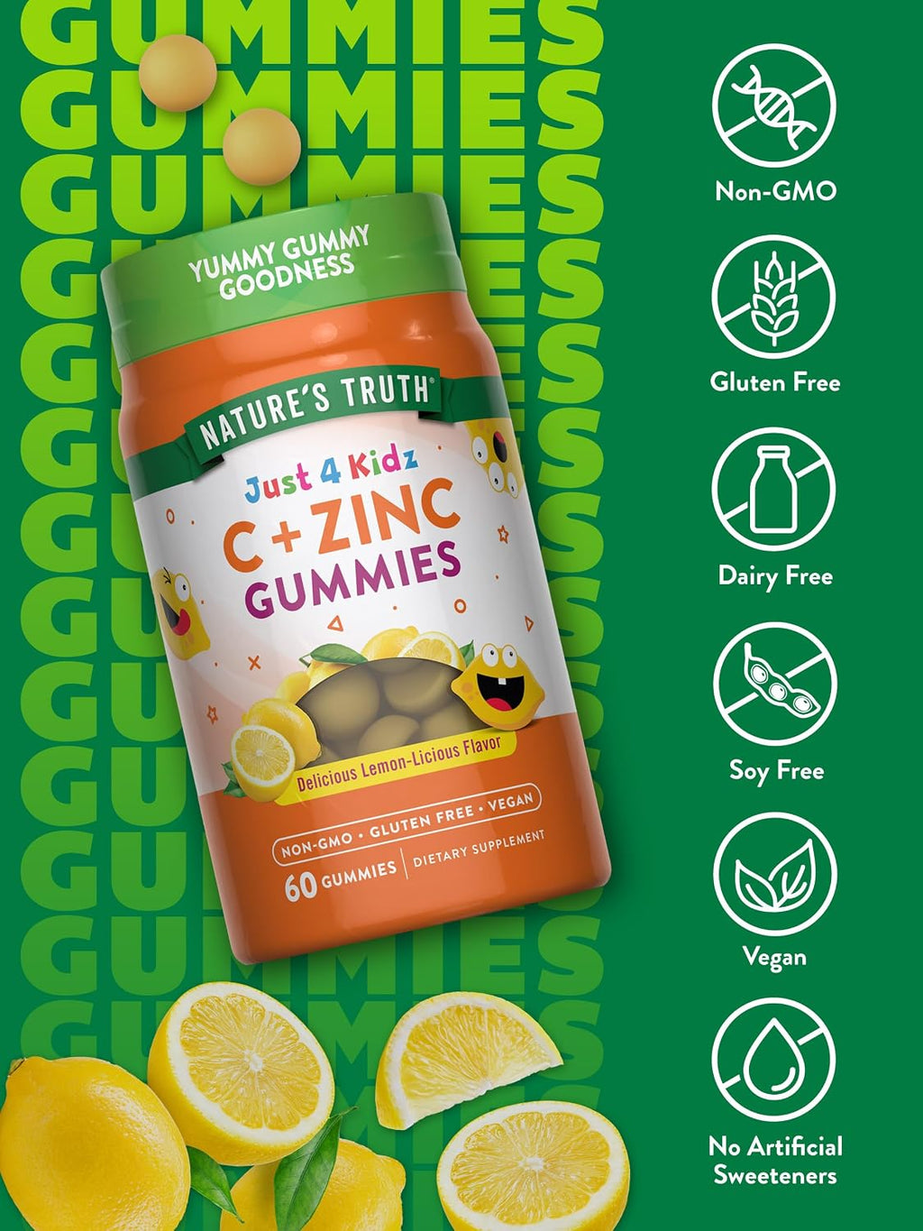 Nature's Truth Gomitas de Vitamina C y Zinc para Niños - 60 unidades - Veganas, sin gluten, sin OMG