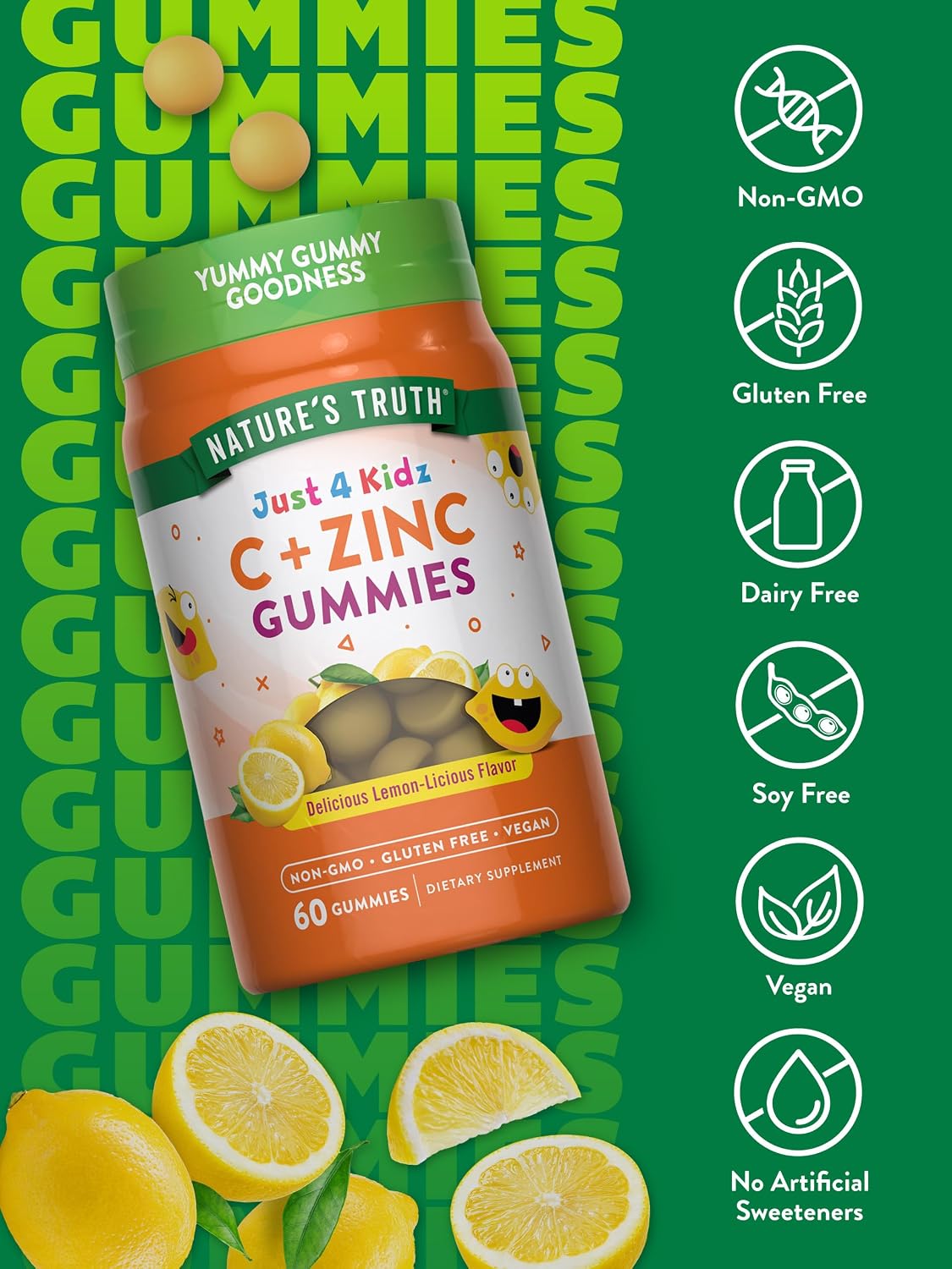 Nature's Truth Gomitas de Vitamina C y Zinc para Niños - 60 unidades - Veganas, sin gluten, sin OMG