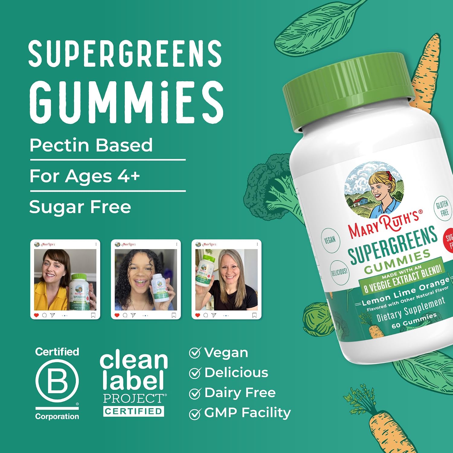 MaryRuth's Super Greens Gummies con Quercetina - 60 Gominolas Veganas Sin Azúcar