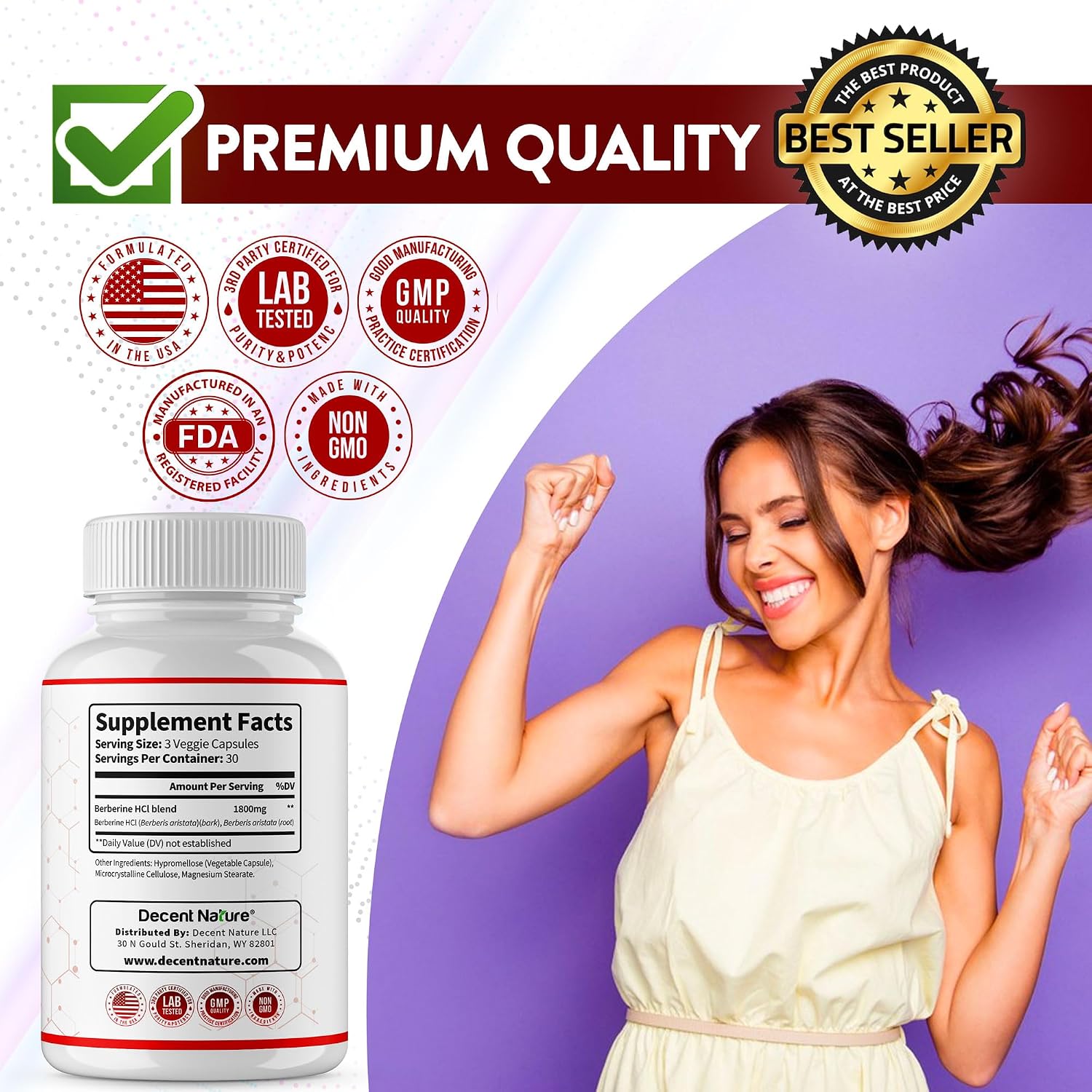 Berberine Supplement 1800mg - Premium Berberine HCl 97% High Purity, Supports Immune System, High Potency Hydrochloride & Extract, Activates AMPK & GLP-1, Non-GMO Vegan, for Men Woman 90 Capsules