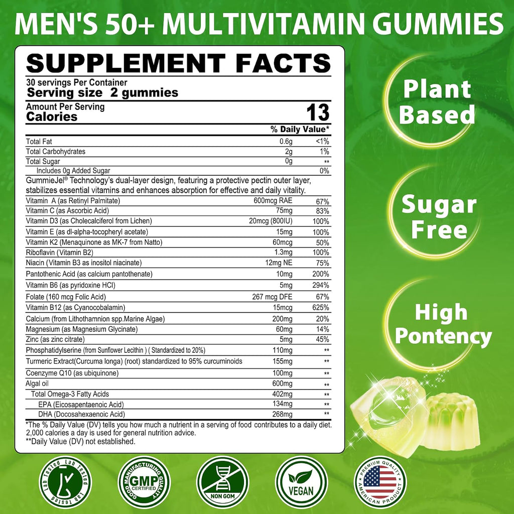Multivitamínico para Hombres 50+ Sin Azúcar con Omega-3, CoQ10, D3K2, Calcio, Magnesio, Zinc y Vitaminas A, C y E - 60 Gomitas
