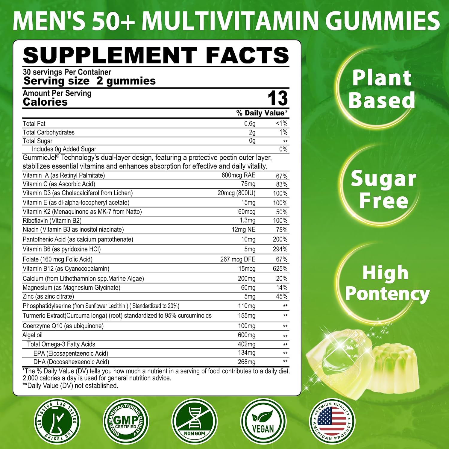 Multivitamínico para Hombres 50+ Sin Azúcar con Omega-3, CoQ10, D3K2, Calcio, Magnesio, Zinc y Vitaminas A, C y E - 60 Gomitas