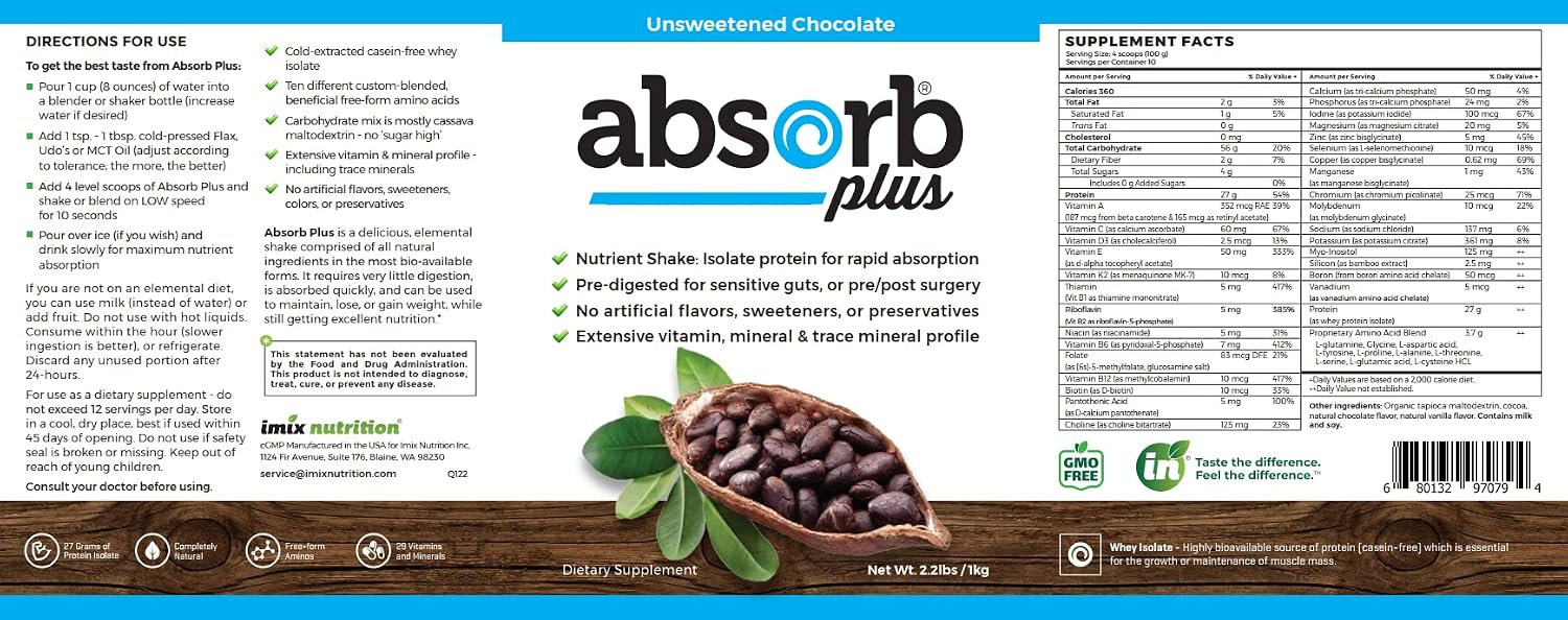 Absorb Plus Isolate Protein - Suplemento proteico semielemental con vitaminas y minerales (1 kg, Chocolate sin endulzar)